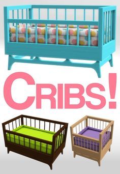 there are three cribs with different colors on them