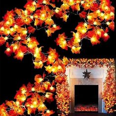 a fire place surrounded by fall leaves and a fireplace with a star on it's mantle