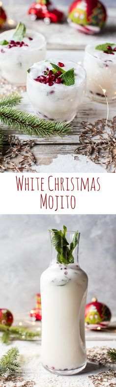 white christmas mojito with cranberry sauce and fresh herbs