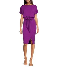 Kensie Textured Knit Boat Neck Self-Tie Waist Faux Wrap Blouson Dress | Dillard's Fitted Midi Dress With Tie Waist For Date Night, Casual Party Dress With Tie Fastening, Knee-length Midi Dress With Tie Waist For Party, Chic Tie Waist Dress For Party, Chic Belted Dress With Tie Waist For Party, Chic Belted Dress For Party, Chic Party Dress With Belted Tie Waist, Evening Fitted Belted Dress With Tie Waist, Chic Fitted Belted Dress With Tie Waist