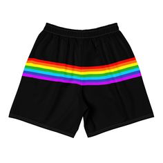 Introducing our Rainbow Stripe Pride Shorts in Black, the perfect addition to your summer wardrobe! Made from a soft and lightweight fabric, these shorts offer ultimate comfort and breathability, making them perfect for any outdoor activity. The classic white color is accented with vibrant rainbow stripes, representing inclusivity, diversity, and pride. These shorts are not only stylish but also functional. They feature an elastic waistband and a drawstring closure, ensuring a secure and comfort Sporty Black Shorts For Vacation, Multicolor Sports Bottoms For Summer, Black Cotton Swim Trunks For Summer, Black Cotton Swim Trunks For Vacation, Black Summer Athletic Shorts For Vacation, White Bottoms For Beach Season Streetwear, Black Athletic Shorts For Summer, Black Athleisure Swim Trunks For Summer, Summer Sports Bottoms In Multicolor