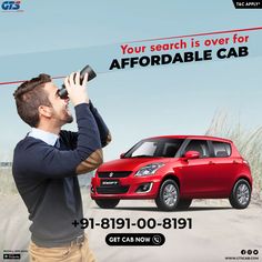 a man drinking from a can while standing in front of a red car with the caption your search is over for affordable cab