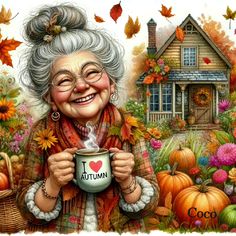 an older woman holding a cup in front of a house with autumn leaves and pumpkins