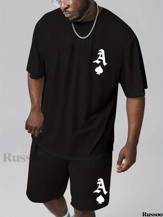 Russoo - Summer Ensemble for Men: Graphic Print T-shirt & Shorts Set, Stylish Plus-Size Option Black Crew Neck Sports Set, Casual Black Crew Neck Set, Black Short Sleeve Streetwear Sets, Black Short Sleeve Sets For Streetwear, Black Crew Neck Sets With Graphic Print, Black Crew Neck Sets With Letter Print, Black Crew Neck Set With Letter Print, Black Graphic Print Crew Neck Set, Black Graphic Print Sets With Crew Neck