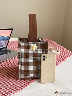 BirdinBag - Classy Plaid Square Bag with Floral Accent - Stylishly Designed with Top Handle Brown Rectangular School Pouch, Rectangular Brown Phone Bag For School, Casual Rectangular Portable Lunch Bag, Writing Numbers, Diy Supplies, Bag Bag, Mini Fashion, Square Bag, Polyester Material