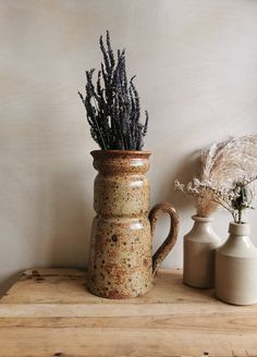 two vases with dried plants in them on a wooden shelf next to each other