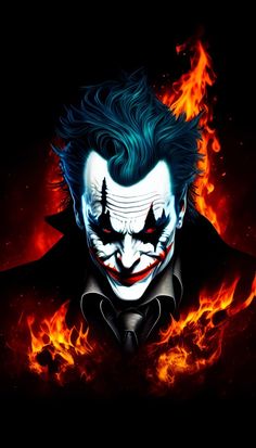 the joker with blue hair and makeup is in front of some red flames, while he's wearing a black suit