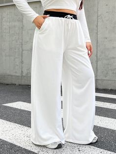 Plus Size Drawstring Waist Loose Fit Colorblock Wide Leg Casual Sweatpants White    Knitted Fabric Colorblock,Plain Wide Leg Non-Stretch  Women Plus Clothing, size features are:Bust: ,Length: ,Sleeve Length: Sweatpants White, Straight Sweatpants, Knitted Hats Kids, Floral Print Pants, Casual Sweatpants, Hat And Scarf Sets, Pajama Set Women, Long Sleeve Pyjamas, Inspiration Mode