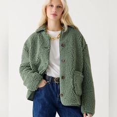 Brand New Green Sherpa Jacket, Lady Jacket, Barn Jacket, Sherpa Coat, Jacket Sweater, Teddy Jacket, Sherpa Jacket, Green Jacket, Sweater Jacket