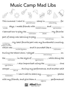 the music camp mad libs worksheet is shown in black and white, with words on it