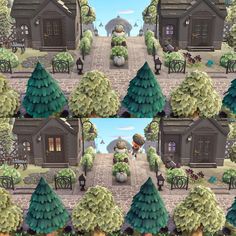 several different images of a small house and trees in the middle of a town street