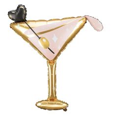 a balloon shaped like a cocktail glass with a black cat on top and a pink martini in the middle