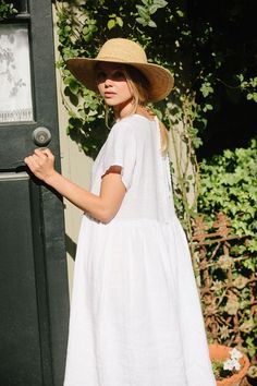 Charlotte Linen Dress - White Linen Dress - MERRITT CHARLES White Breezy Dresses With Relaxed Fit, White Breezy Dress With Relaxed Fit, Flowy White Linen Dress For Spring, White Flowy Linen Dress For Spring, White Linen Dress For Day Out, White Linen Summer Dress For Daywear, Casual Oversized White Linen Dress, White Flowy Linen Dress, White Relaxed Fit Linen Dress