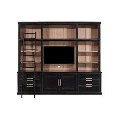 an entertainment center with shelves and a television