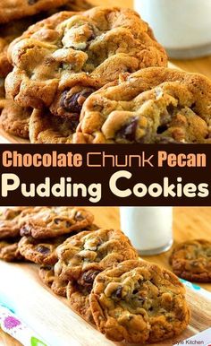 chocolate chunk pecan pudding cookies are stacked on a cutting board and ready to be eaten