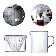 three different types of glass pitchers and cups on a white background, including one with a coffee filter in the middle