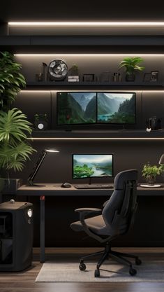 an office with two monitors on the wall and a chair in front of it,