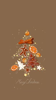 a christmas tree made out of cookies and oranges on a brown background with stars