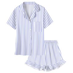 PRICES MAY VARY. Material: Light, Soft Comfy Silky and Shiny, Made of Satin Polyester, Which Allows The Skin To Breathe Naturally. Design: 2 Piece Satin Pajama Set Featuring Relaxed Style, Short Sleeve, Classic Notch Collar, Full Button Design is easy to put on and take off. Elastic Waist Contrast Trim Pajama Shorts will give you more comfortable and freendom feeling when you wear it, enjoying cozy time at home. Variety of Choices: The set consists of both tops and bottoms, with a consistent sty Blue And White Pajama Set, Blue And White Pajamas, Pjs Shorts, Satin Pajamas Set, Cozy Pjs, Silk Pjs, Bday List, Satin Pajama Set, Satin Pj Set