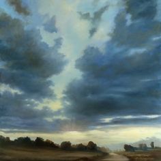 an oil painting of clouds over a dirt road and trees on the other side of it