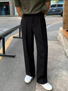 Black Wide Leg Full-length Pants With Relaxed Fit, Fitted Streetwear Pants, Men Slacks Outfit, Black Stretch Straight Leg Work Pants, Fitted Solid Color Pants For Streetwear, Fitted Solid Pants For Streetwear, Stretch Black Straight Leg Work Pants, Fitted Black Work Pants, Black Pants With Loose Fit Straight Leg