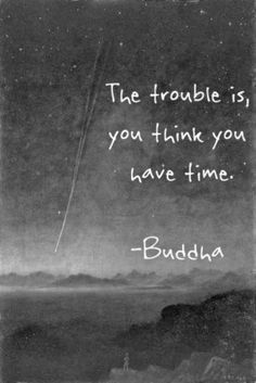 the trouble is you think you have time buddha quote on black and white photo with mountains in background