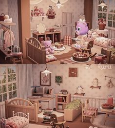 two pictures of a child's room with teddy bears and other items in it