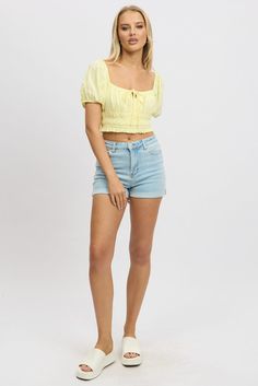 Made from polyester, this yellow crop top is size 16 for regular-size women of 18-34 years of age. Designed in Australia, but imported. Machine wash cold Crop Top Short Sleeve, Summer Playsuit, Ally Fashion, White Crochet, Bottom Clothes, Trending Now, Summer Tops, Denim Skirt