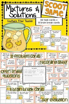 an orange and yellow poster with text that reads mixtures and solutions