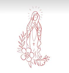 a drawing of the virgin mary with flowers and leaves on her arm, in red ink