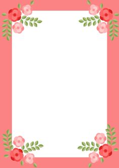 a square frame with pink flowers and green leaves on the edges, in front of a light pink background