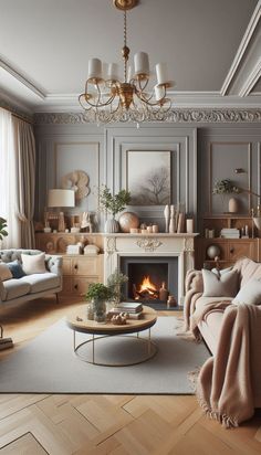 a living room filled with furniture and a fire place in the middle of the room