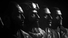 three men with masks on their heads are staring at something in front of the camera