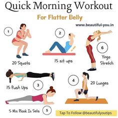 a poster showing how to do a quick morning workout for flatter bellys and thighs