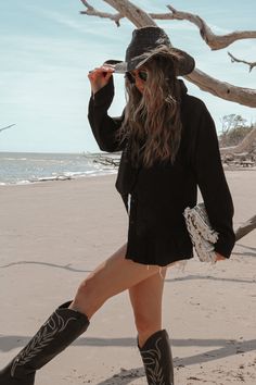 Vaughn Button Down in Black – Lauren Nicole Black Cowboy Boots Outfit Summer, All Black Cowgirl Outfit, Black Cowgirl Outfit, Cowboy Boots Outfit Summer, Black Cowboy Boots Outfit, Summer Boots Outfit, Satin Long Sleeve Top, Black Cowboy Hat, Black Cowgirl