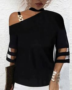 Color: black, Size: S Blouse Size Chart, Cold Shoulder Blouse, Moda Vintage, Casual Chic Style, Off Shoulder Tops, Solid Tops, Moda Fashion, Fashion Tops, Black Blouse