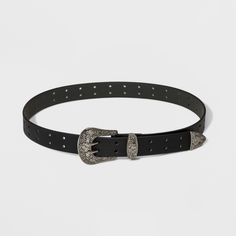 Black belt with silver-finish hardware. Metal buckle, belt loop and end tip are all decorated with floral designs. Faux-leather construction offers long-lasting wear. If you’re not satisfied with any Target Owned Brand item, return it within one year with a receipt for an exchange or a refund. If you’re not satisfied with any Target Owned Brand item, return it within one year with a receipt for an exchange or a refund. Mexicana Boots, Grunge Belt, Black Western Belt, Double Buckle Belt, Cowgirl Look, Nice Belts, Western Belt, Silver Belts, Faux Leather Belts