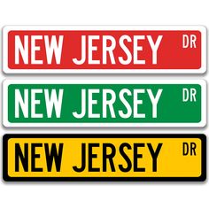 three new jersey street signs are shown in red, green and yellow