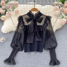 Size Chest:80cm  Waist:60cm  Length:46cm  Sleeve:60cm NOTE!!!! 1. Our size is the Asian size in centimeters，If you are not sure what size to choose, please contact customer service, they will give you a professional recommendation 2. The product size deviation is 2-3cm, Bust, waist, hip need to measure around, not straight.    Spaghetti Strap dress length including the strap.dress length starts from the head, not from the shoulder.  3. Clothes may have stitching threads, which can be cut off wit Black Patchwork Blouse For Fall, Black Long Sleeve Tops With Lace Patchwork, Black Long Sleeve Top With Lace Patchwork, Casual Black Chiffon Top, Fall Party Tops With Lace Collar, Fall Party Chiffon Top, Black Chiffon Office Tops, Black Chiffon Tops For Office, Elegant Black Top With Lace Collar