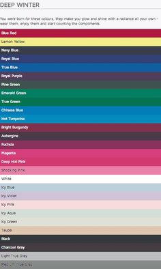 the color chart for different shades of pink, blue and green with text below it