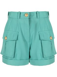 green wool turn-up hem high waist belt loops embossed gold-tone buttons front button and zip fastening two side inset pockets two front flap pockets two rear welt pockets Balmain Blazer, Light Blue Shorts, Green Wool, Mini Shorts, Double Breasted Blazer, Aqua Green, Cool Tones, Blue Shorts, Shorts With Pockets