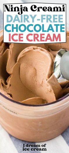 an ice cream in a bowl with a spoon and sign above it that says dairy - free chocolate ice cream