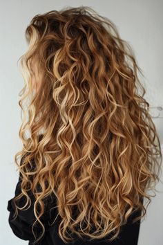 Long Blonde Hair Perm, Blonde With Red Brown Lowlights, Long Curly Strawberry Blonde Hair, Long Blonde Naturally Curly Hair, Honey Blond Balayage On Brown Hair Curly, Long Blond Curled Hair, Blond Highlights Wavy Hair, Curly Brown Hair Blonde Highlights, Old Money Blonde Curly Hair