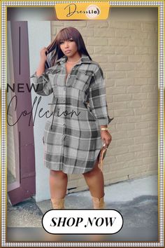 Classic Plaid Shirt Woolen Long Coat Gray Long Sleeve Shirt For Fall, Gray Button-up Shirt For Winter, Gray Collared Shirt For Fall, Gray Fall Shirt With Button Closure, Gray Shirt For Workwear In Fall, Gray Shirt With Button Closure For Fall, Outerwear Women, Long Coat, 1 Million