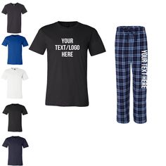 Pajama Set includes 1 3001 Bella  Short Sleeve Shirt in black, navy, white, dark grey heather, or royal blue with Custom Print in front. ( if no color is specified in your order, we will use the black shirt shown in the main image as the default color) 1 Pair of pants in shown color in the main image with front print on left leg. FOLLOW THESE STEPS FOR A SMOOTH PROCESS. YOU WILL BE LEAVING SOME OF THE REQUIRED INFORMATION IN THE NOTES TO SELLER SECTION OR IN THE PERSONALIZATION BOX.  HAVE A GROU Silver Pants, Black And White Pants, Adult Pajamas, Columbia Pants, Screen Printing Shirts, Glitter Print, Pajama Robe, Personalized Hoodies, Pajama Sets