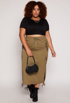 High Waisted, Midi Length, Cargo Pocket(s), Ruching, Solid, Item Number 3862056725368 Plus Size Cargo, Cargo Midi Skirt, Rainbow Shop, Cargo Pocket, Plus Size Skirts, Item Number, Midi Length, Plus Size Outfits, Midi Skirt