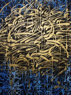 an abstract painting with blue and gold paint