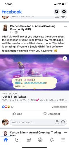 the facebook page for an animal crossing event, with two screenshots on each side