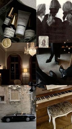 the collage shows several different things that are in this photo, including an old piano and