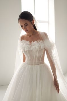 a woman wearing a wedding dress and veil